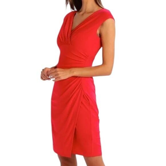 Lauren Ralph Lauren Ruched Dress Sz 4 Red V-neck Sleeveless Faux Wrap Pleated - Picture 2 of 14